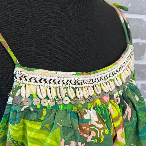 Haute Hippie Top Womens XL Safari 100% Cotton Green Seashell Beaded Bohemian - Picture 4 of 12